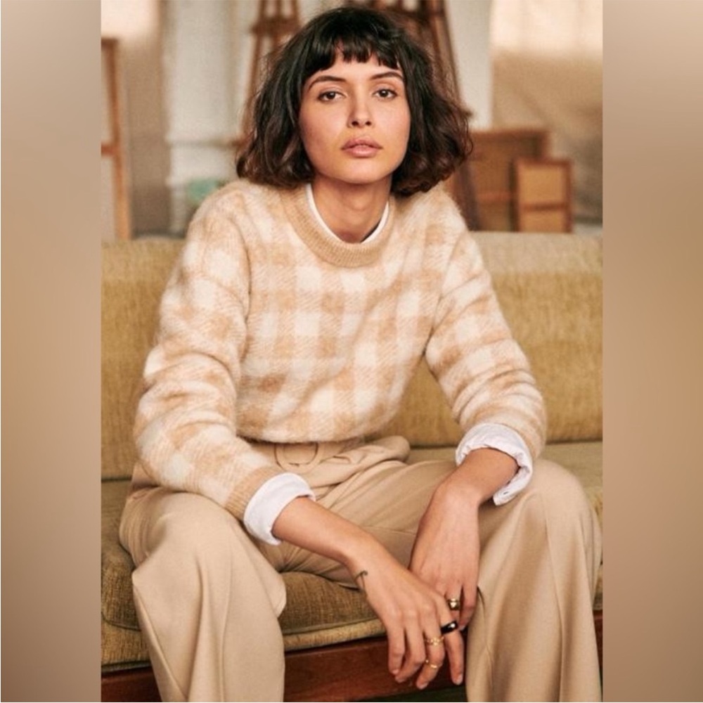 Sezane Cream and Tan Checkered Sweater